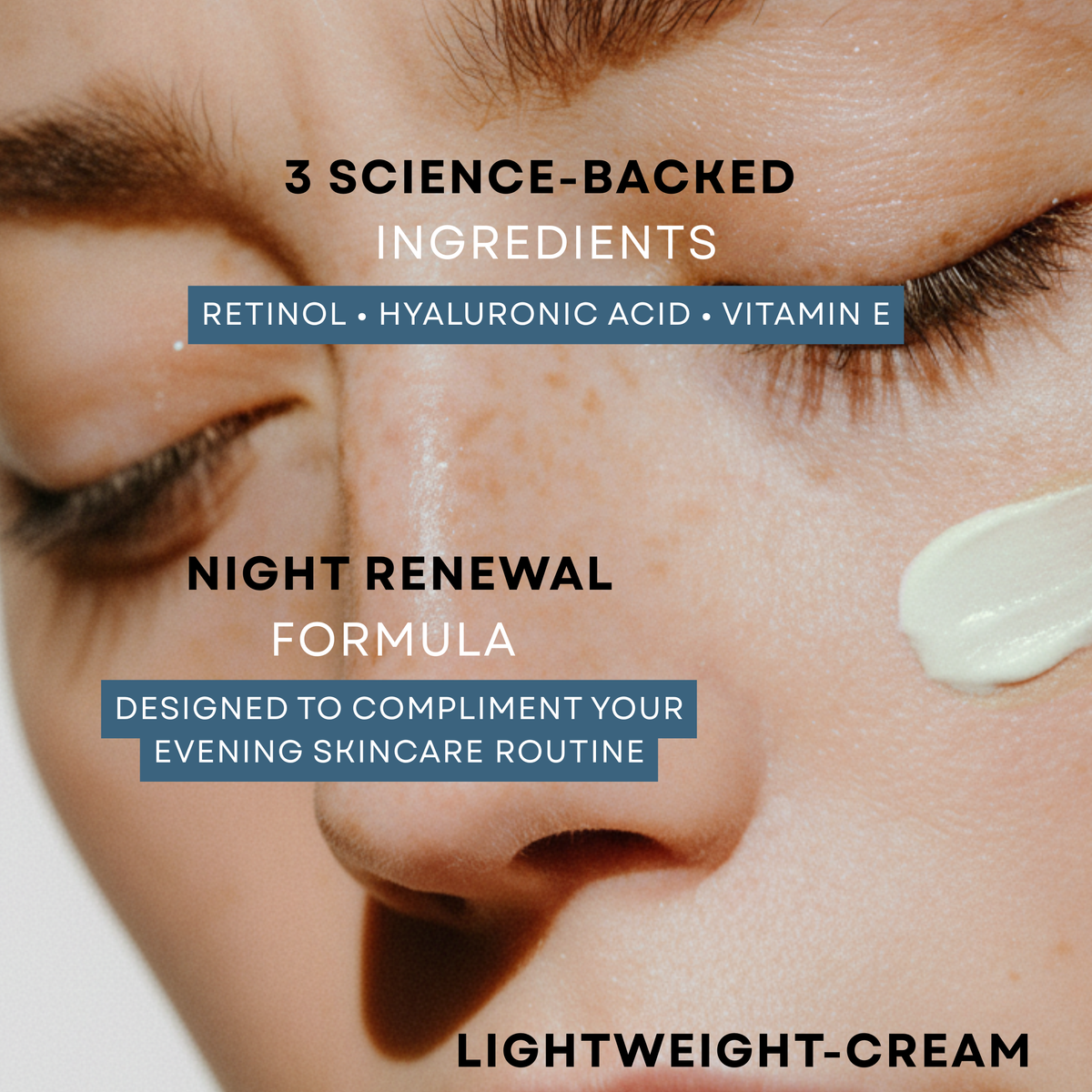 Close-up of a woman's face with closed eyes and a small dollop of white cream on her cheek, overlaid with text for Rénové Night Renewal Formula highlighting science-backed ingredients, lightweight-cream texture, and fast absorbing formula.