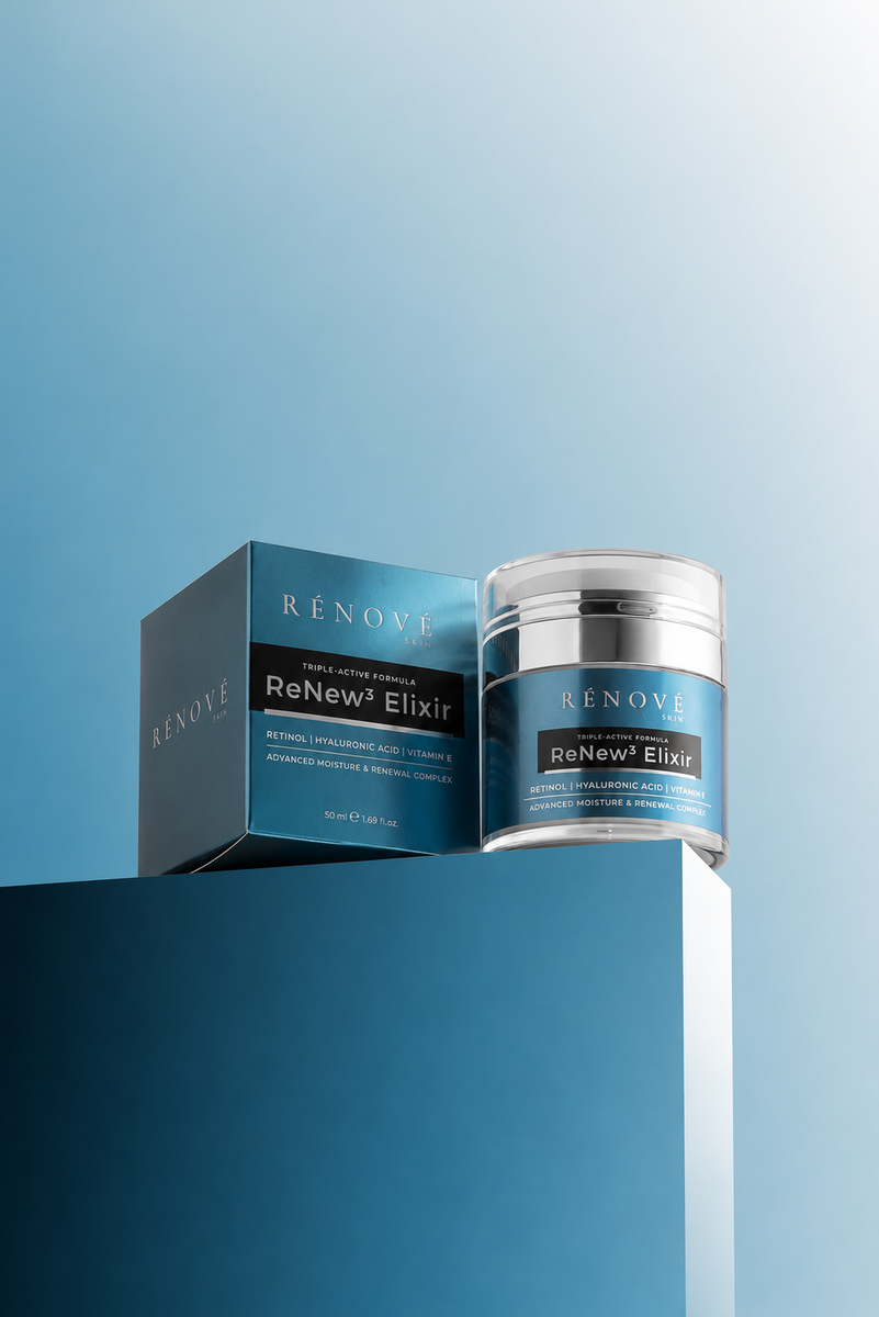 Renove ReNew Elixir skincare product and packaging on a blue background