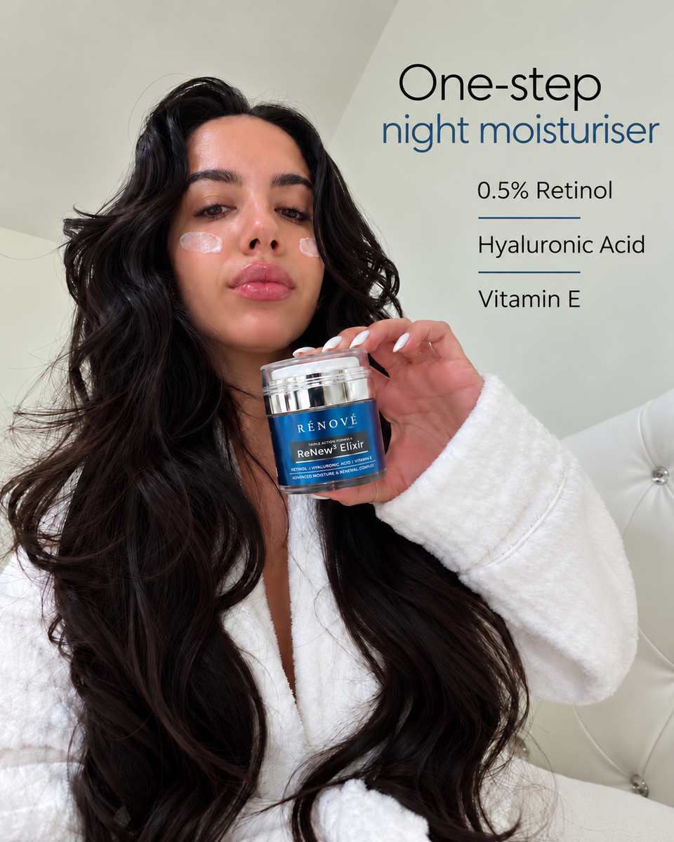 Woman holding Rénové ReNew³ Elixir night moisturiser with cream dotted on her cheeks