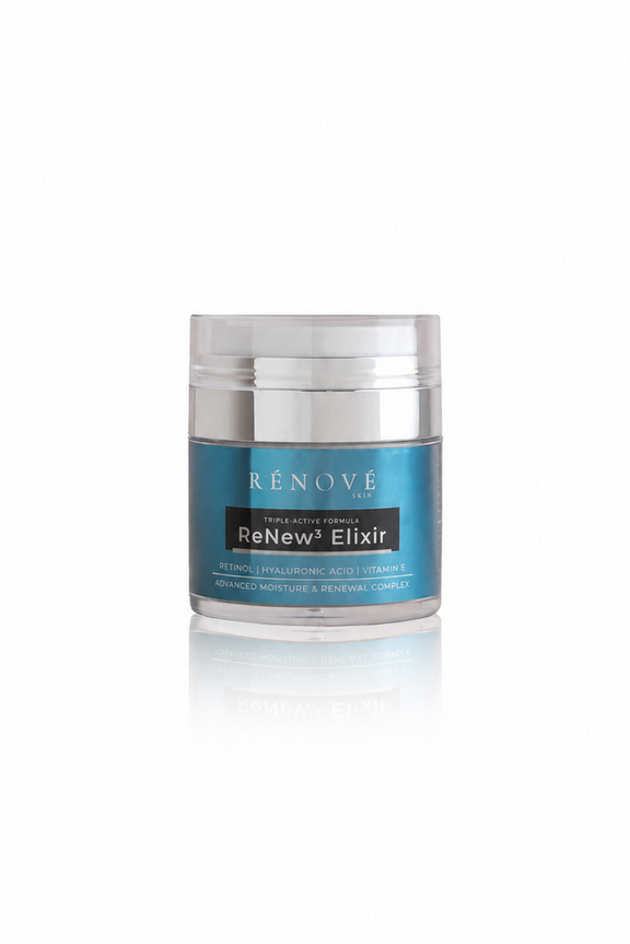 Blue jar labeled 'Renove ReNew3 Elixir' on a white background
