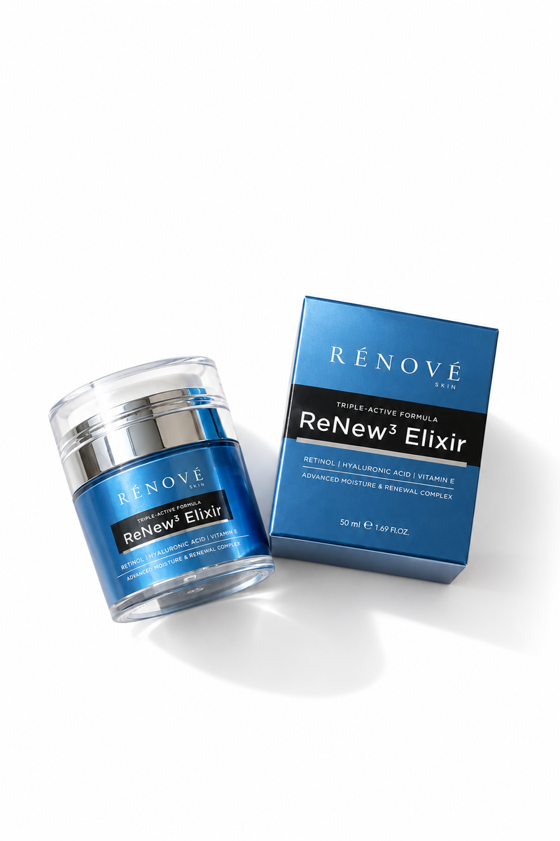 Rénové ReNew³ Elixir 50 ml retinol night cream jar beside its blue packaging on a white background