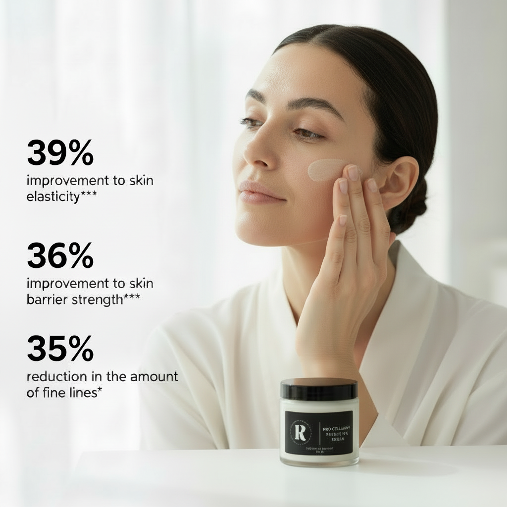 Woman applying cream to her face with skincare product and statistics on improvement to skin elasticity and strength.