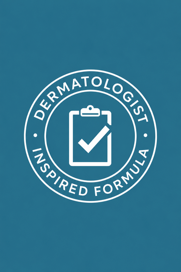 Logo with 'Dermatologist Inspired Formula' text and a clipboard icon on a blue background