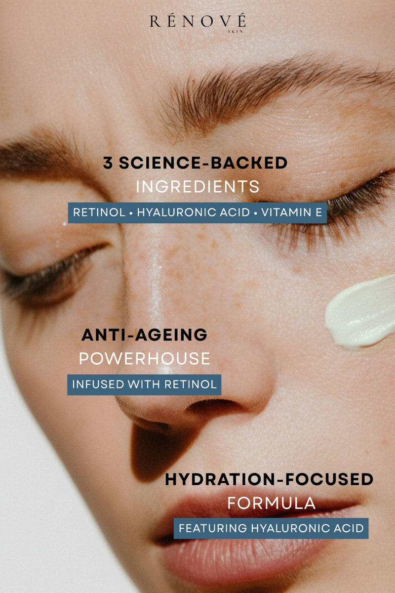Advertisement for Renové skincare product with text about ingredients and benefits.